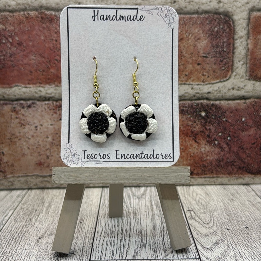 Handmade Black and White Floral Earrings